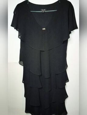 SLNY Black Layered Midi Dress with Brooch Accent